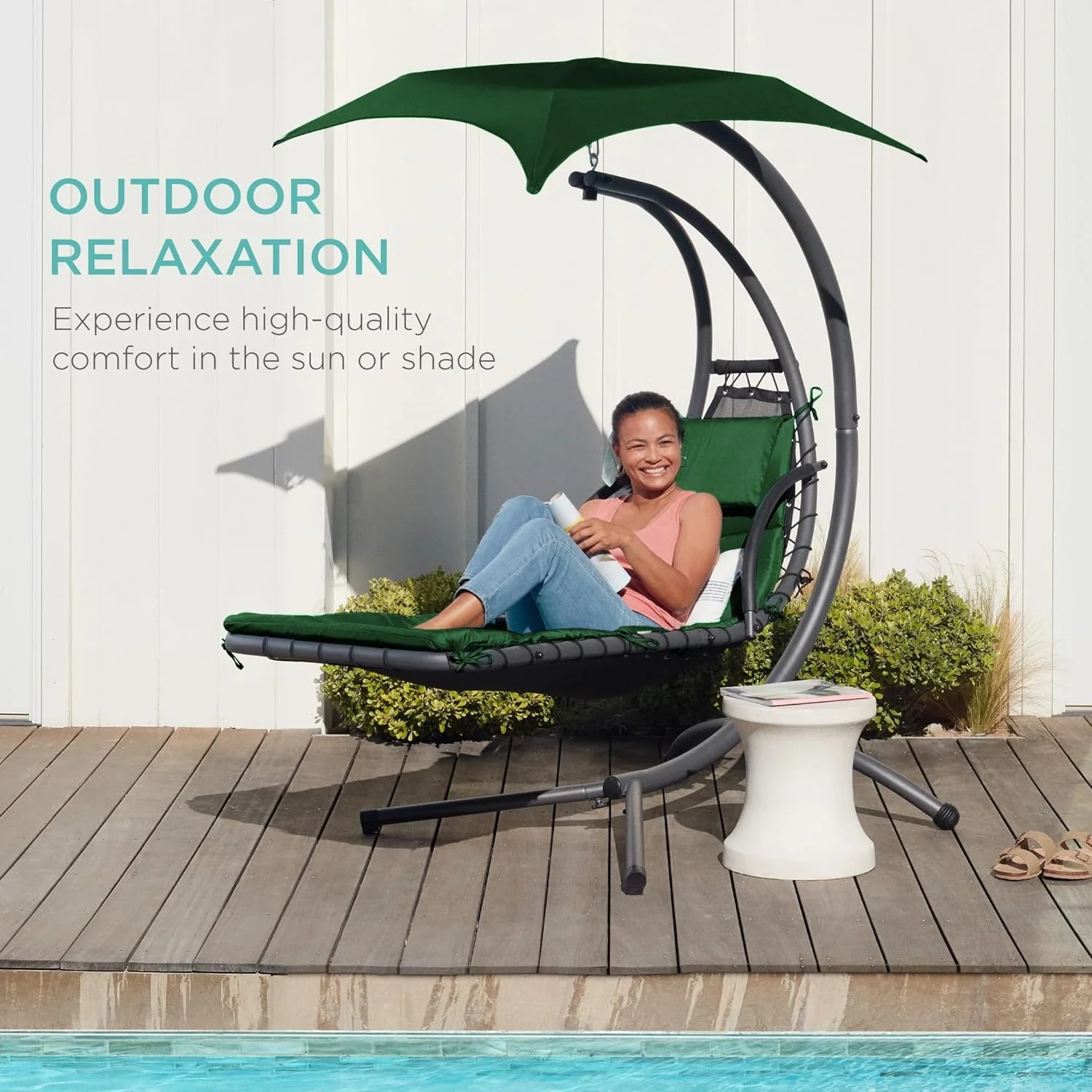 Best Choice Products Outdoor Hanging Curved Steel Chaise Lounge Chair Swing w/Built-in Pillow and Removable Canopy - Charcoal Gray - Image 88