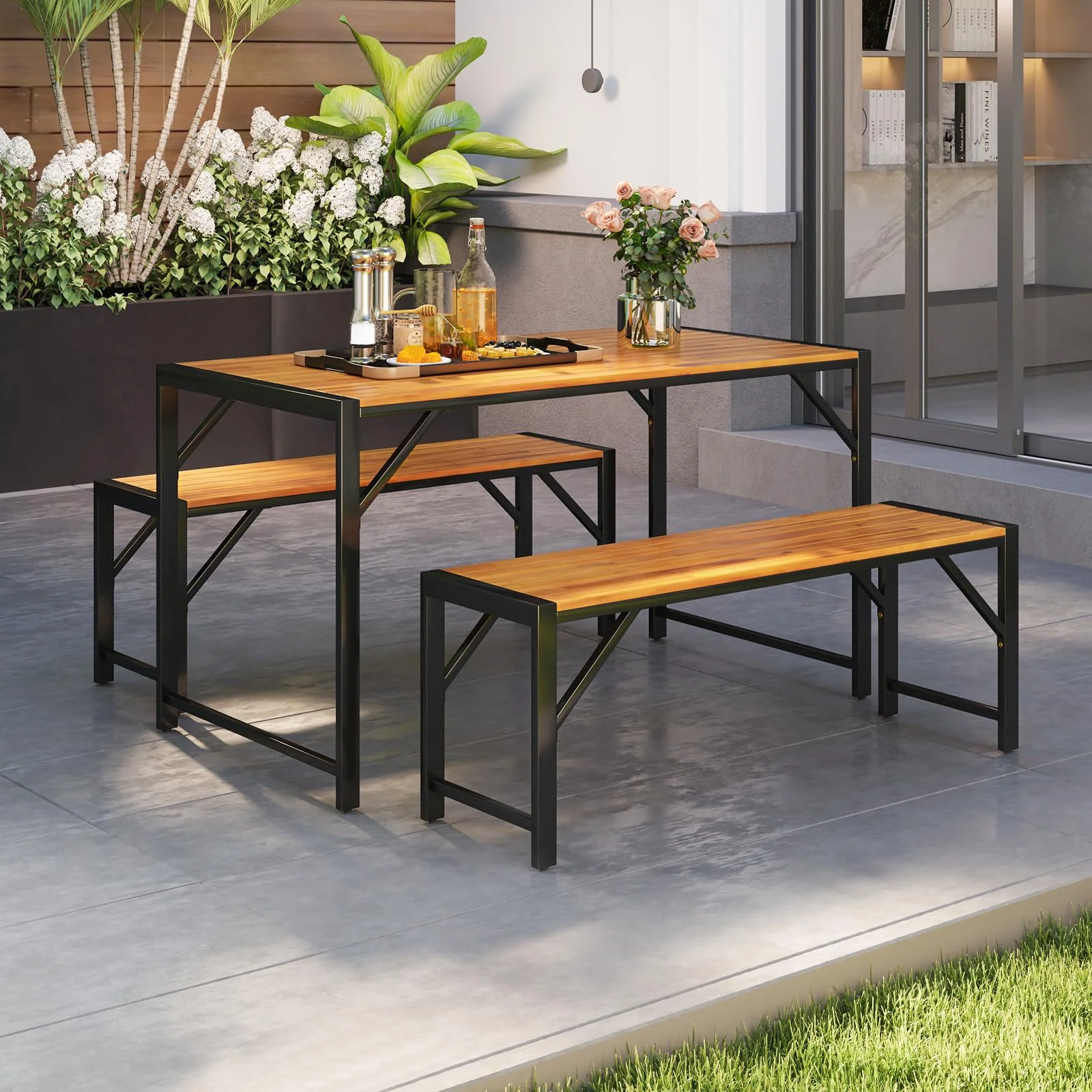 Tangkula 3 Pieces Patio Dining Set for 6 People, Outdoor Picnic Table & 2 Benches, 53” Acacia Wood Dining Table - Image 8