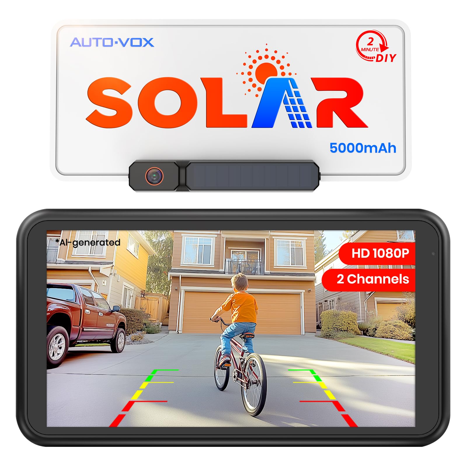 AUTO-VOX Solar Wireless Backup Camera: 5" 1080P Monitor, 2 Min Easy Install 2 Split Screen & 5000mAh Battery Back Up Camera, IP69K Waterproof Reverse Camera for Car, Van, SUV, Truck, Trailer