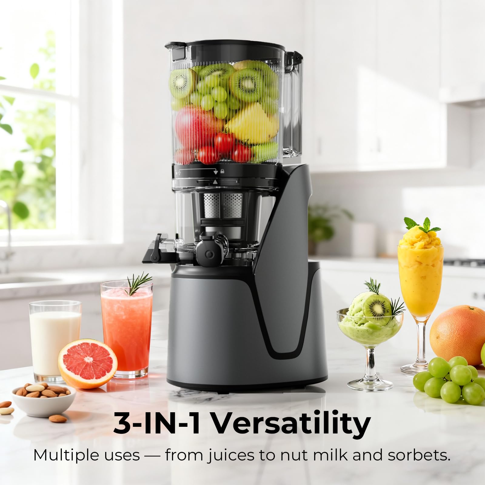 EanOruus Juicer Machines, 3-in-1 Cold Press Juicer, Premium Gray Makes Juice, Nut Milk & Sorbet, 6.5" Extra Large Chute, 100oz Large Capacity, AC Motor - Image 2