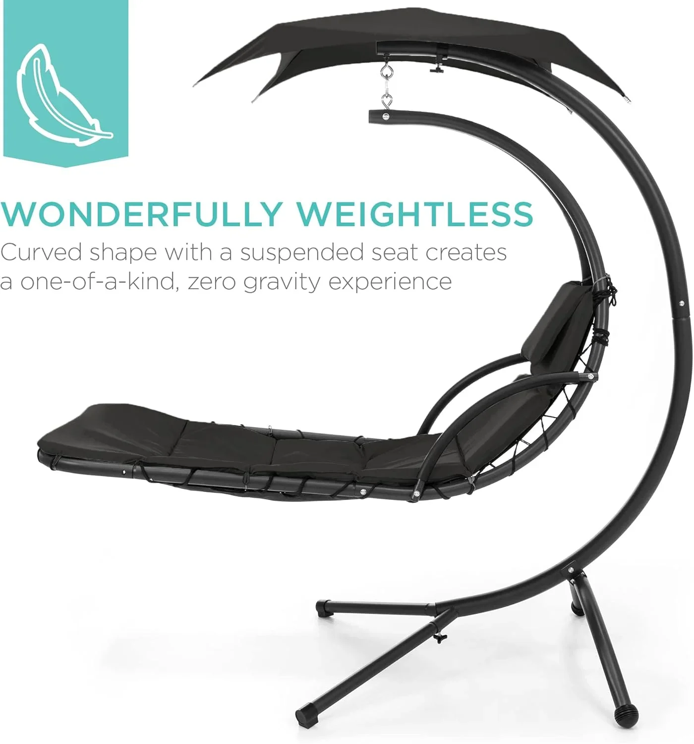 Best Choice Products Outdoor Hanging Curved Steel Chaise Lounge Chair Swing w/Built-in Pillow and Removable Canopy - Charcoal Gray - Image 117