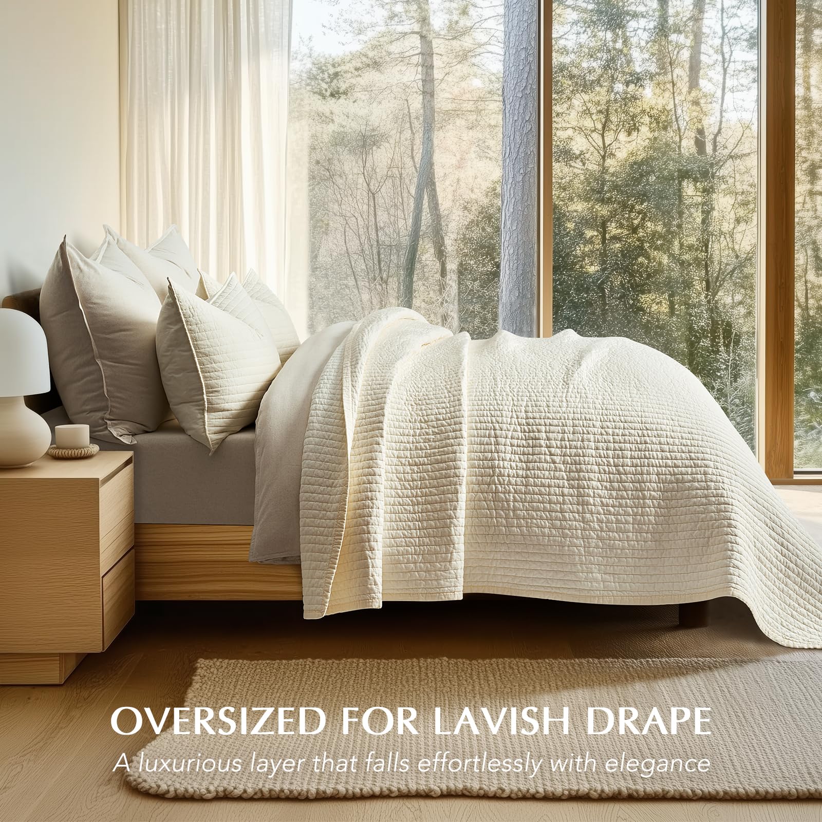 EVERGRACEHOME Cotton Sateen Quilt Set, Queen Size, Cream 100% Cotton, Channel Stitch Coverlet Bedspread, Pre-Washed Lightweight Soft Bedding Set for All Season, 3 Piece, with 2 Shams - Image 2