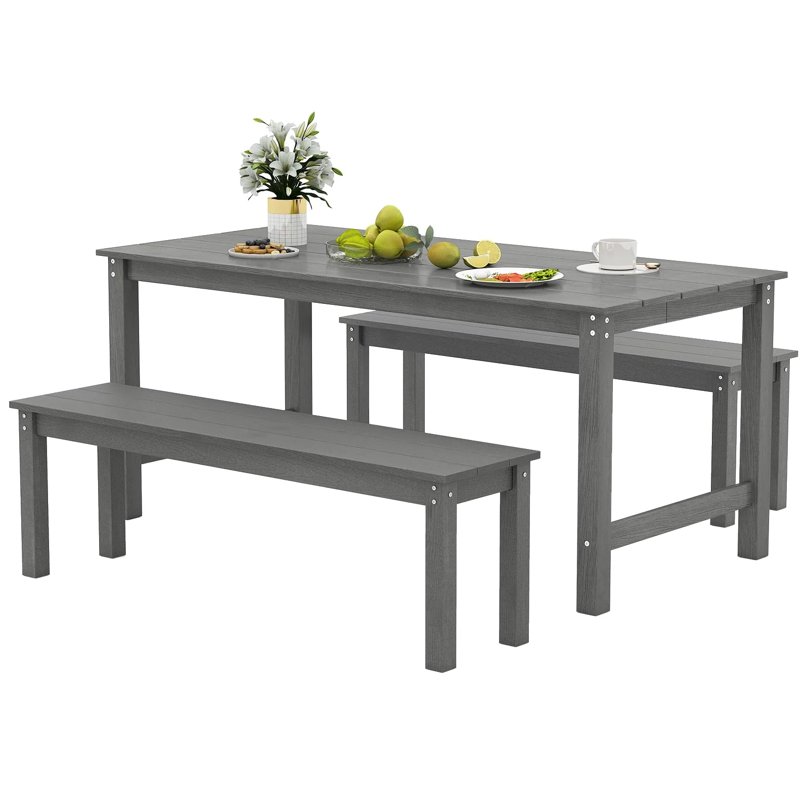 Tangkula 3 Pieces Outdoor HDPE Dining Table Set with 2 Benches - Image 10