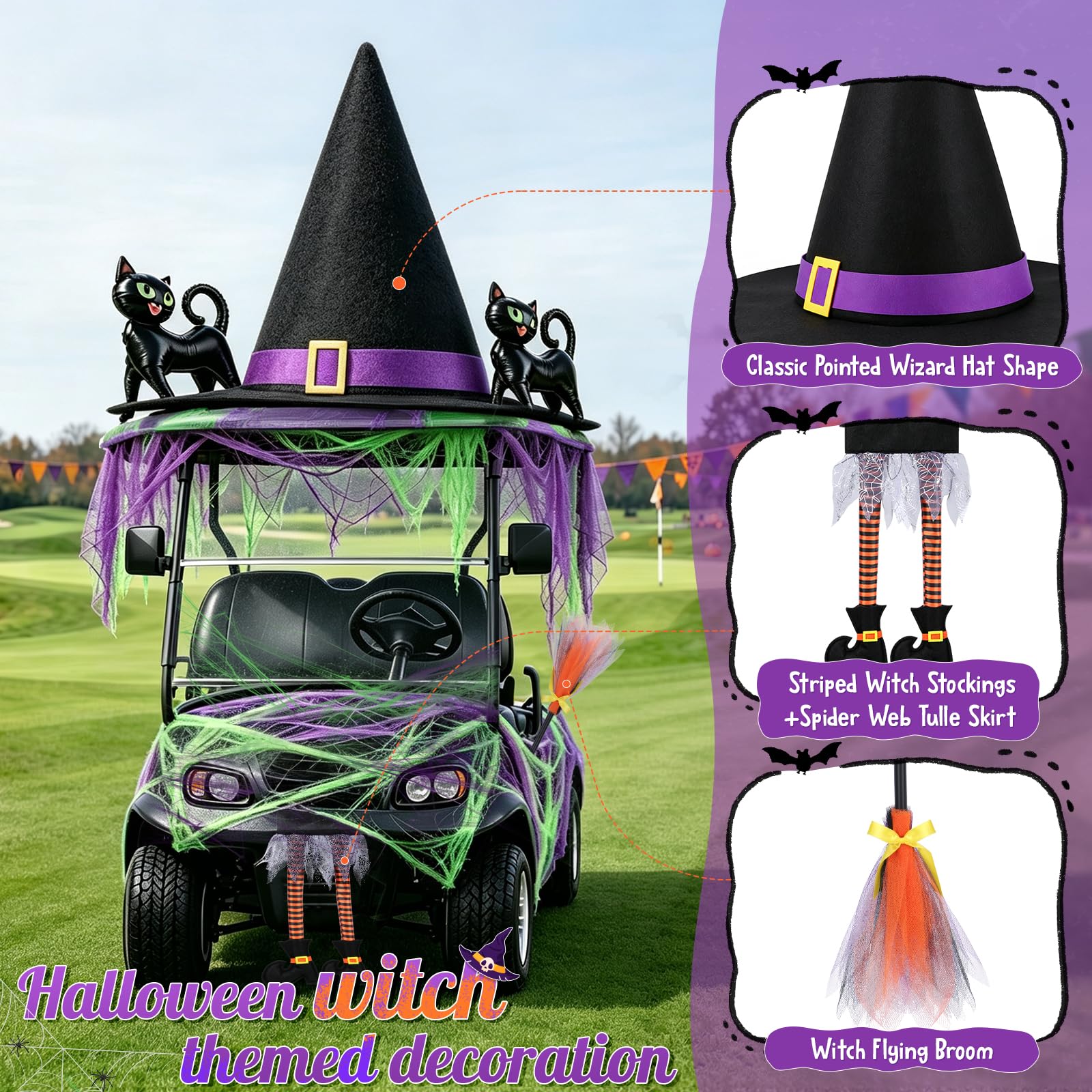 Tryly Halloween Golf Cart Decorations Kit, Witch Theme Halloween Car Decor Purple and Green Witch Theme with Striped Leg and Black Cats Balloon for Golf Cart Parades, Halloween and Party Car Displays Product gallery - Image 3