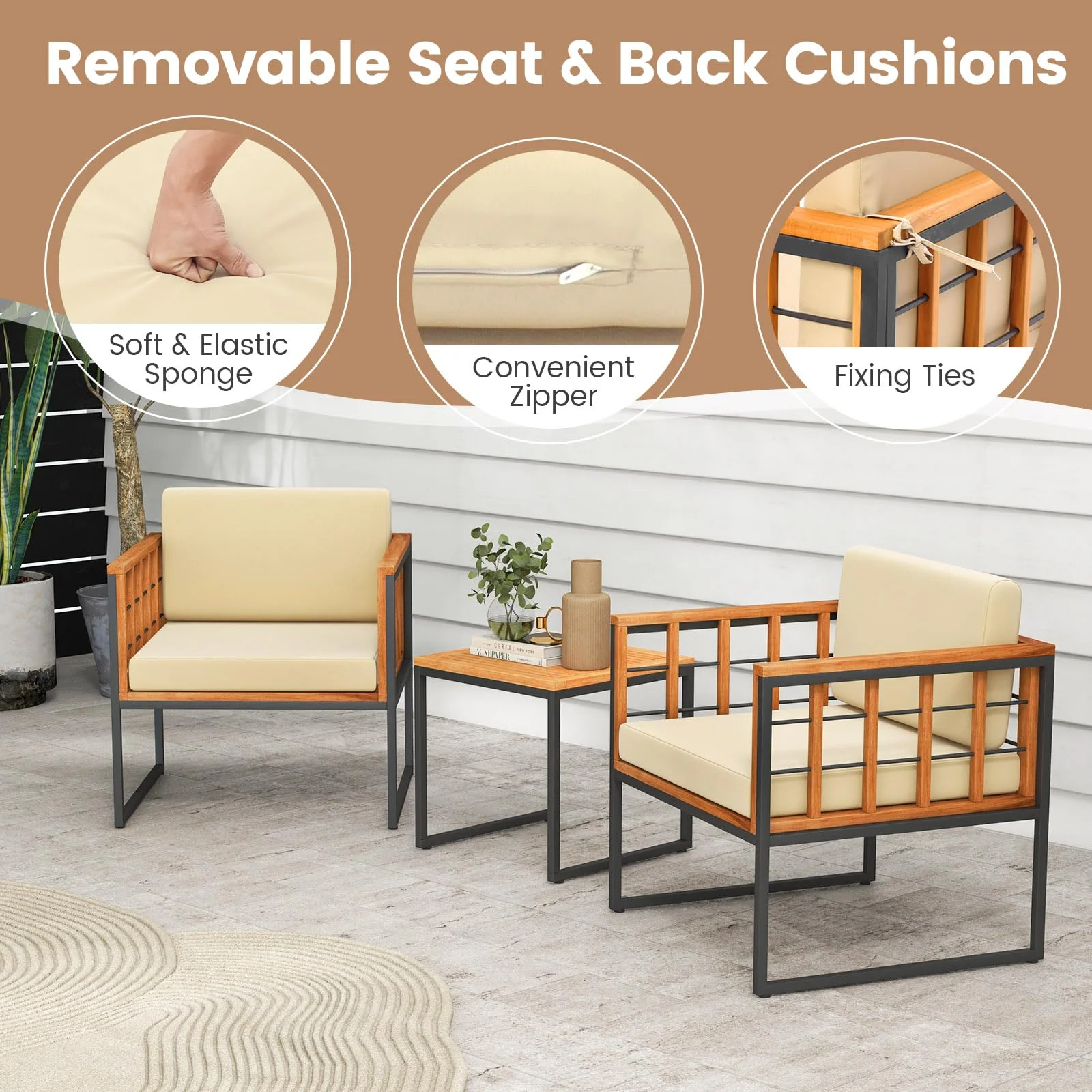 Tangkula 3 Pieces Patio Chair Set, Acacia Wood Outdoor Sofa Set with Metal Support - Image 6