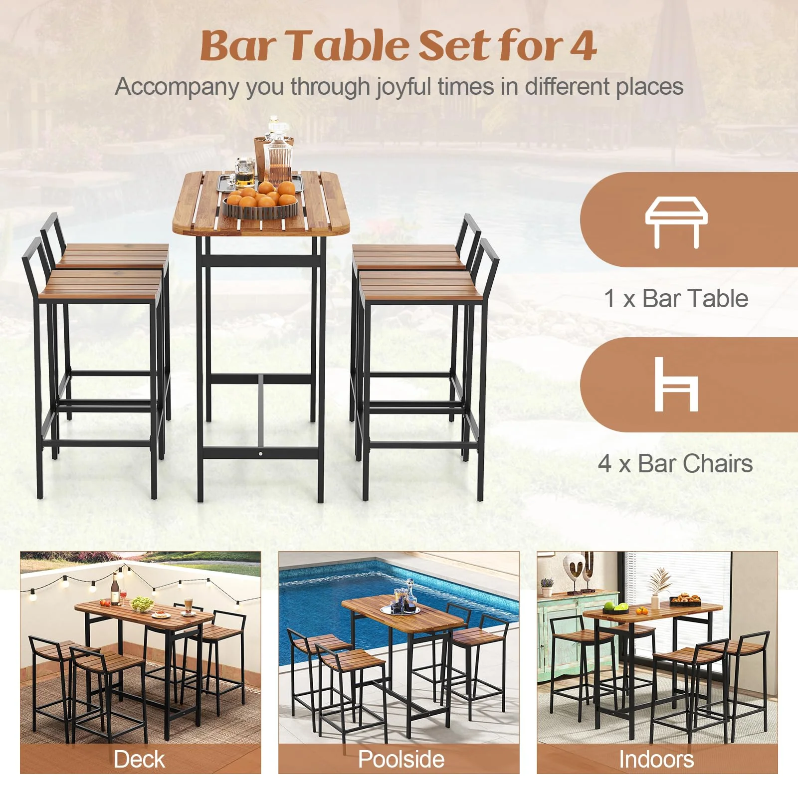 Tangkula 5 Piece Acacia Wood Bar Table Set, Outdoor Bar Height Table & Chairs with Metal Frame & Footrest - Image 9