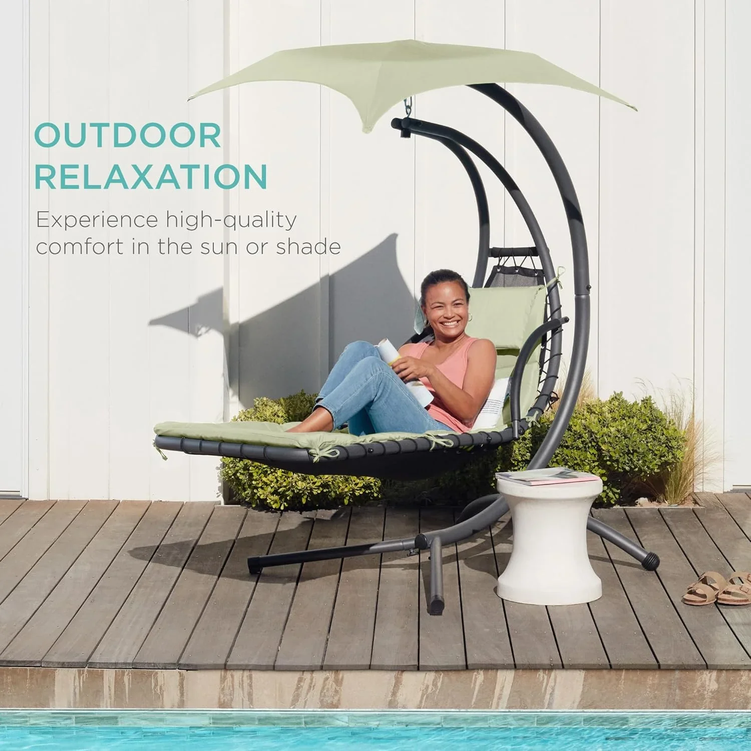 Best Choice Products Outdoor Hanging Curved Steel Chaise Lounge Chair Swing w/Built-in Pillow and Removable Canopy - Charcoal Gray - Image 101