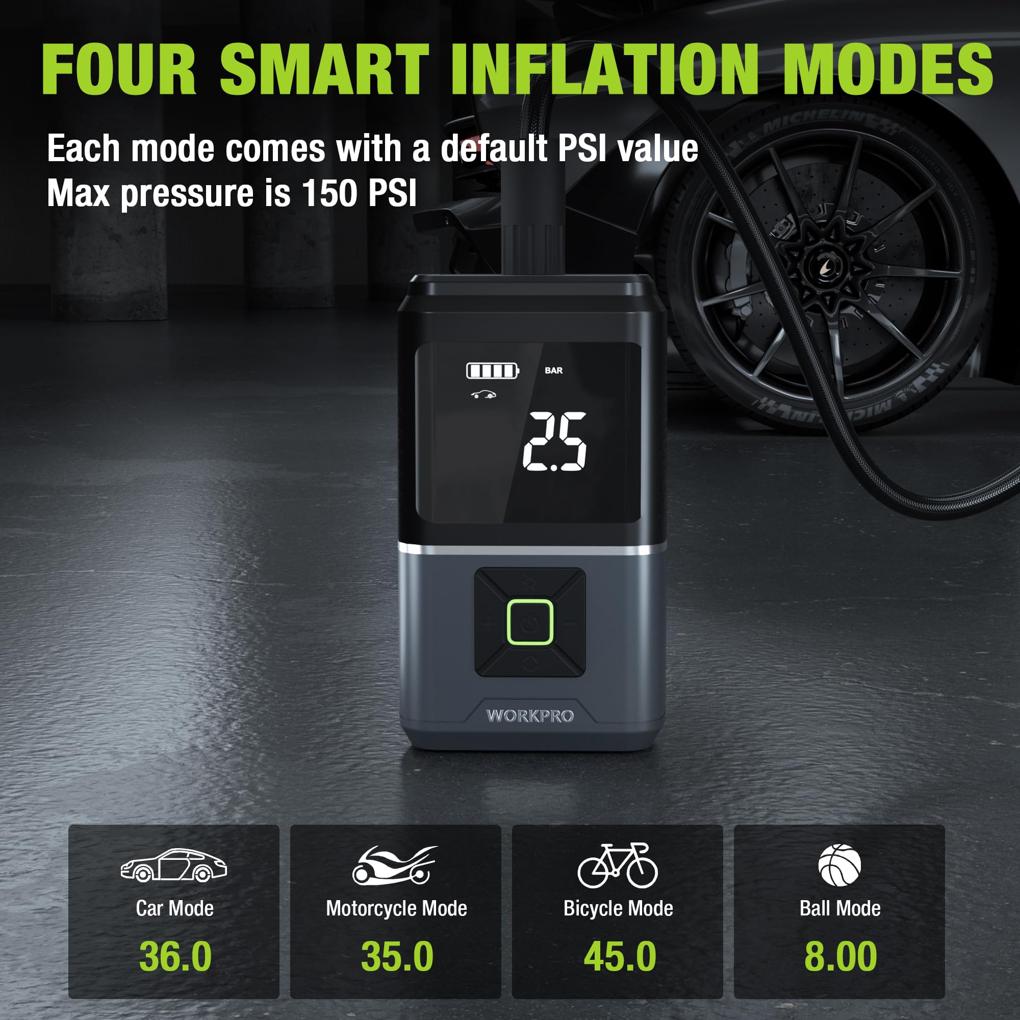 WORKPRO Tire Inflator Portable Air Compressor, 7.2V 5000mAh - Image 4