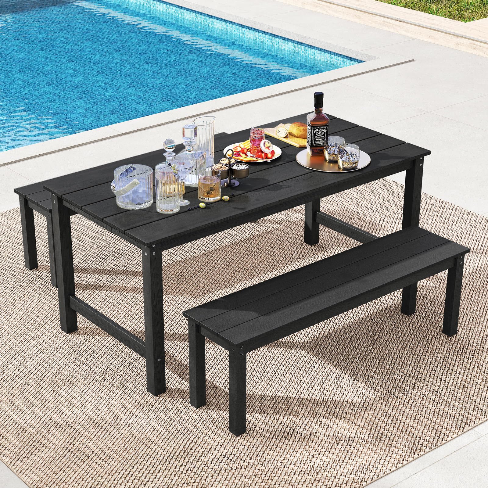 Tangkula 3 Pieces Outdoor HDPE Dining Table Set with 2 Benches - Image 2