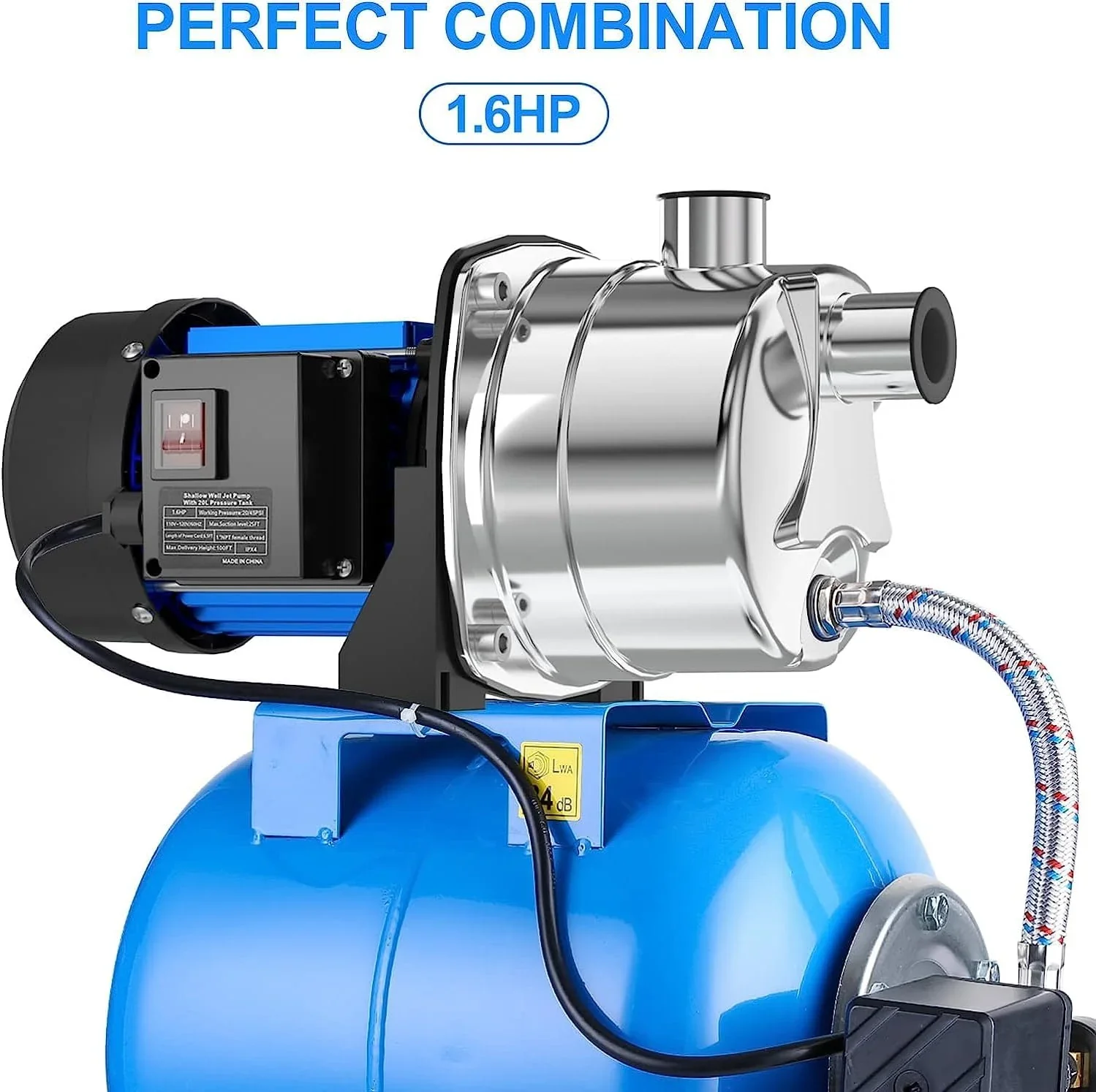1.6HP Shallow Well Pump with Pressure Tank 1268 GPH Stainless Steel Jet Pump Transfer Drainage Booster Pump Garden Sprinkler System Water Pump for Home Garden Lawn Irrigation - Image 7