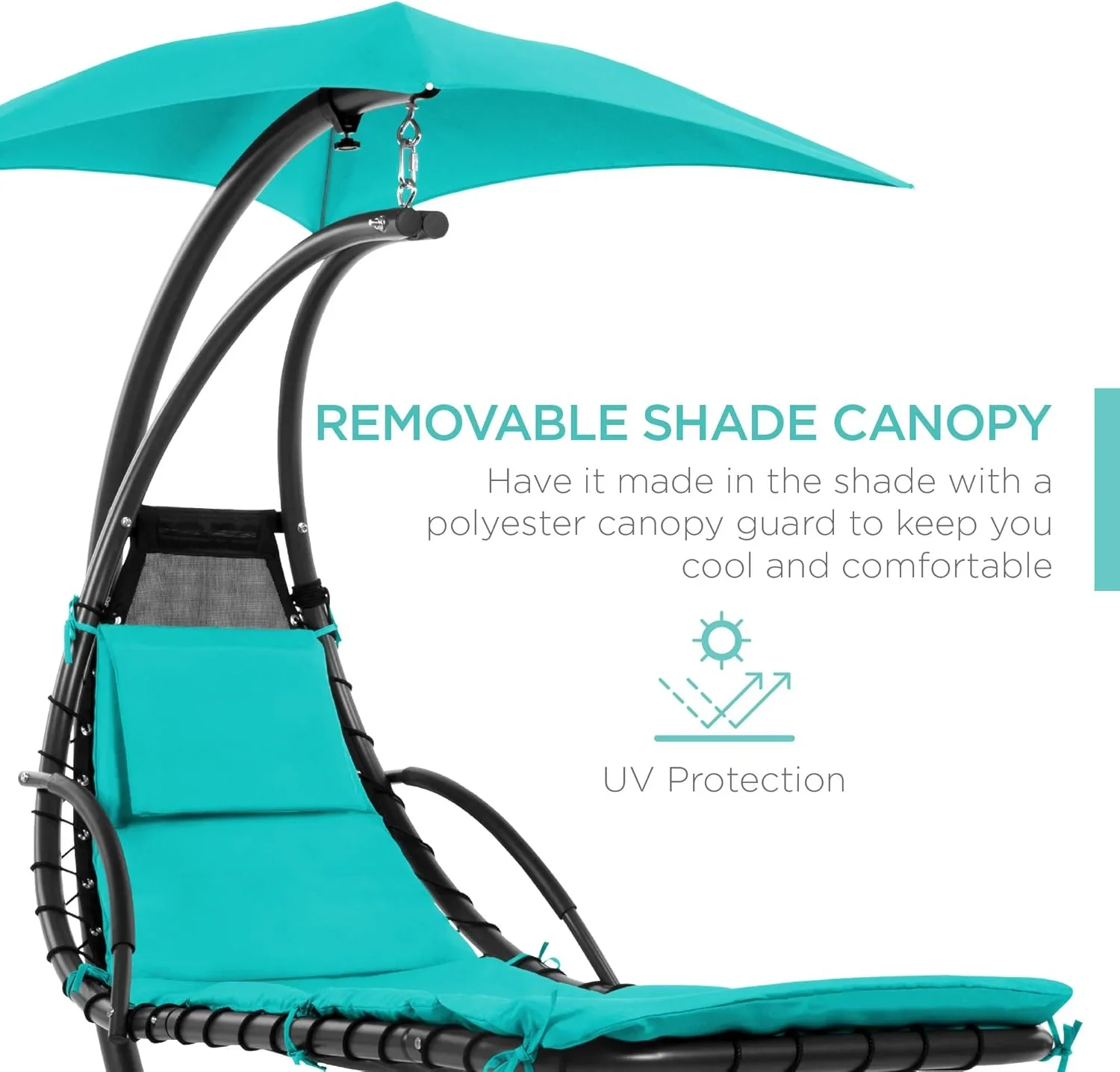 Best Choice Products Outdoor Hanging Curved Steel Chaise Lounge Chair Swing w/Built-in Pillow and Removable Canopy - Charcoal Gray - Image 111