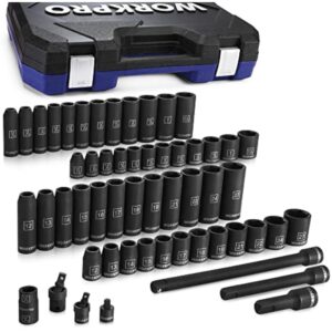 WORKPRO 55 Pcs 1/2" Drive Impact Socket Set with Extension Bars, Premium Cr-V Steel, SAE and Metric Sockets with Enhanced Storage Case