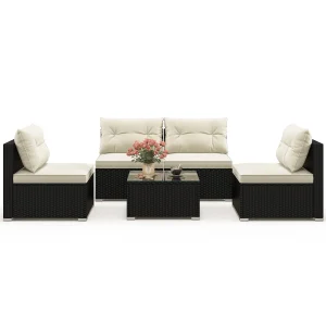 Tangkula 5 Piece Rattan Sofa Set, Patiojoy Outdoor Wicker Furniture Set with Seat & Back Cushions