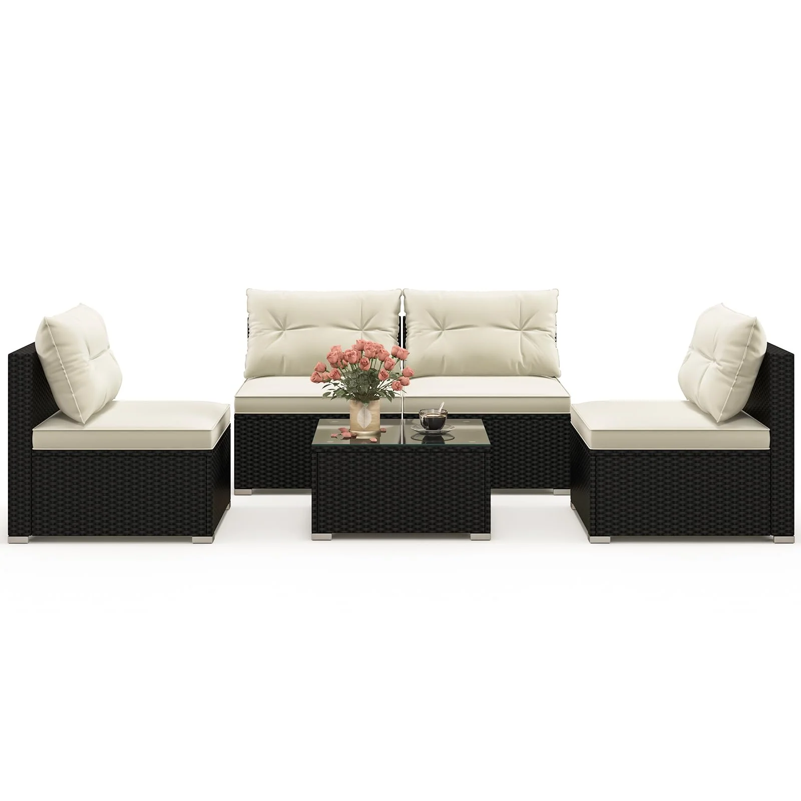 Tangkula 5 Piece Rattan Sofa Set, Patiojoy Outdoor Wicker Furniture Set with Seat & Back Cushions