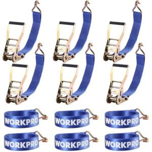 WORKPRO Ratchet Tie Down Straps, 6-Pack | 2" x 15' | 5000 lbs Break Strength Heavy Duty Ratchet Straps, Fits for Moving Appliances Motorcycle ATV Truck (Blue)