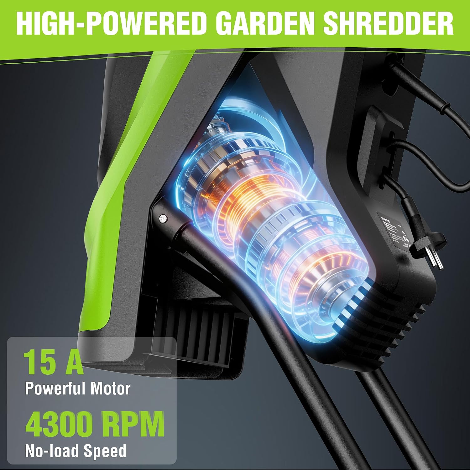 WORKPRO Electric Wood Chipper, 15A 4300RPM Corded Branch Shredder, 1.73" Cutting Capacity, 14:1 Reduction Ratio, SK5 Dual-Blade System, Portable Yard Chipper with Wheels & Collection Bag - Image 2