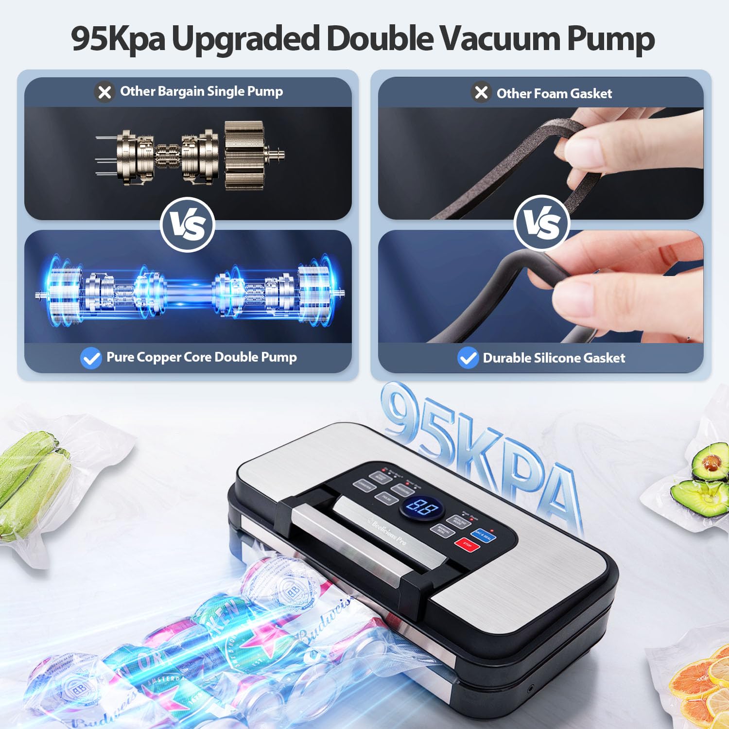 95kPa Precision Vacuum Sealer for Food with Dry/Moist Modes, 2X Strength Double Heat Seal, Dual-Pump Suction, Easy-Lock Handle, Food Sealer with Built-in Cutter & Bag Storage, Stainless Steel - Image 3