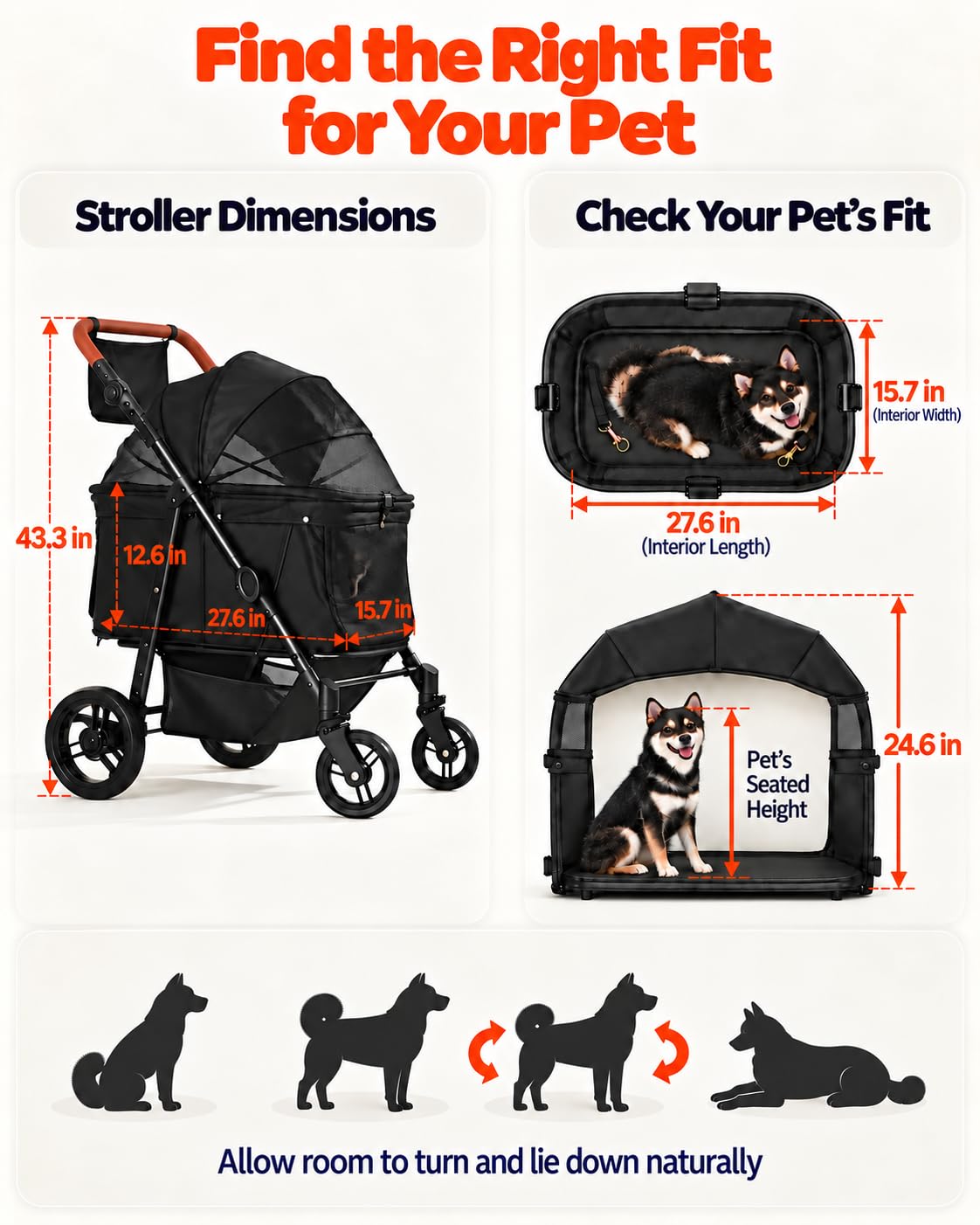 Zoosky Medium Dog Stroller for Large Dogs, Pet Stroller, Up to 66lbs All-Terrain 360° Swivel Wheels & Adjustable Handle & 180° Dual-Open Canopy, Sun Shades, Storage Organizer, Waterproof Oxford - Image 2