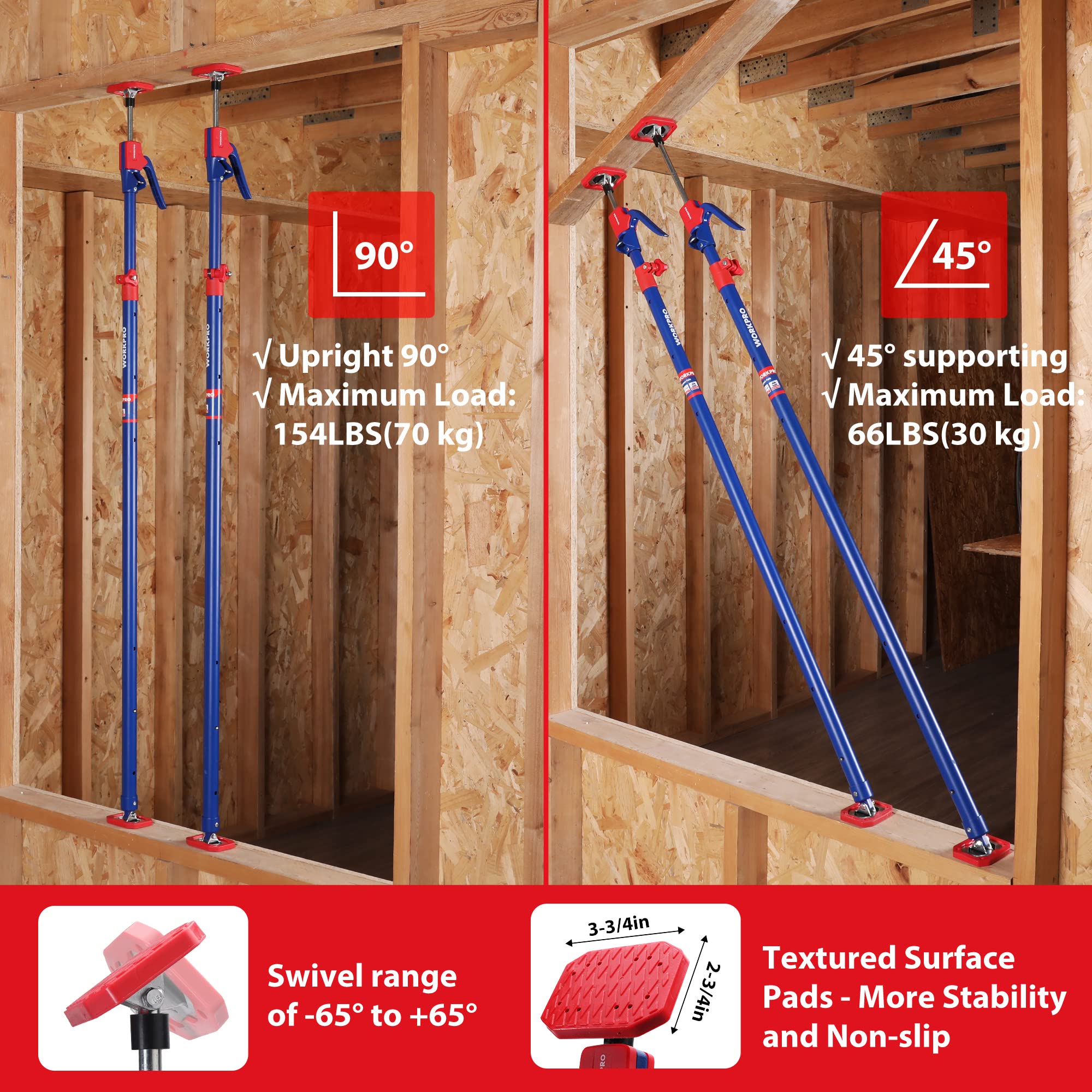 WORKPRO Cabinet Jack Support Pole, 54-114 in Adjustable, 154 lbs, 4-Pack - Image 3