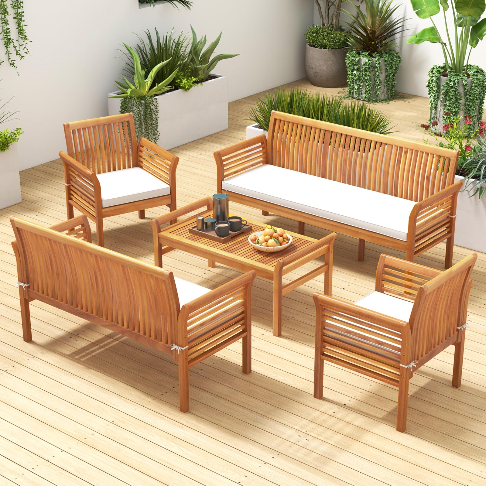 Tangkula 5 Piece Patio Furniture Set, Acacia Wood Conversation Set with 3-Seat Bench, Loveseat - Image 2