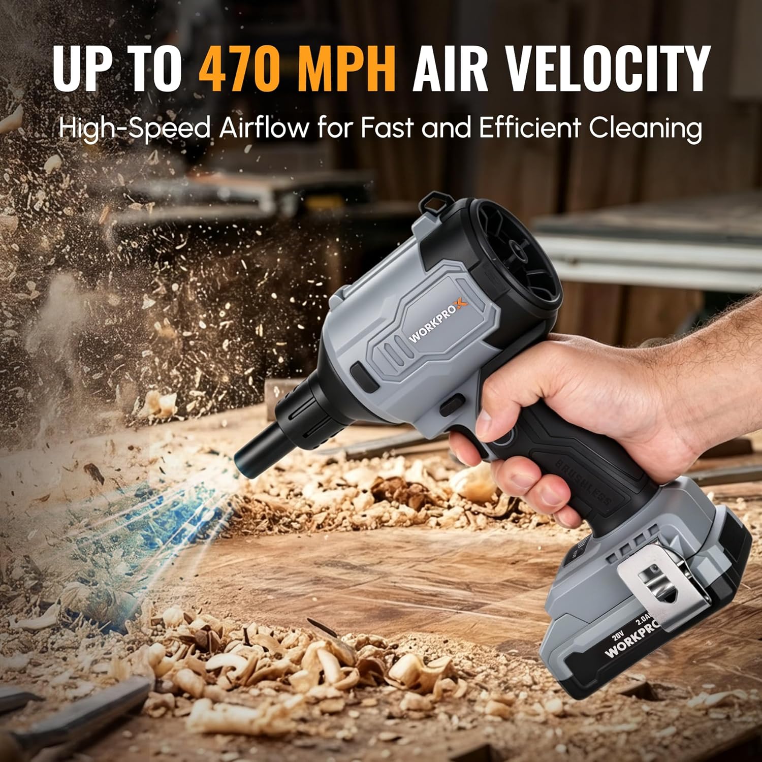 WORKPROX Compressed Air Duster 20V Max, 4-Speed Brushless Air Blower, Black | Powerful Electric Air Duster Rechargeable with 3 Nozzles and LED for PC, Keyboards, Car, Mattress Inflating, Home and Outdoor - Image 4