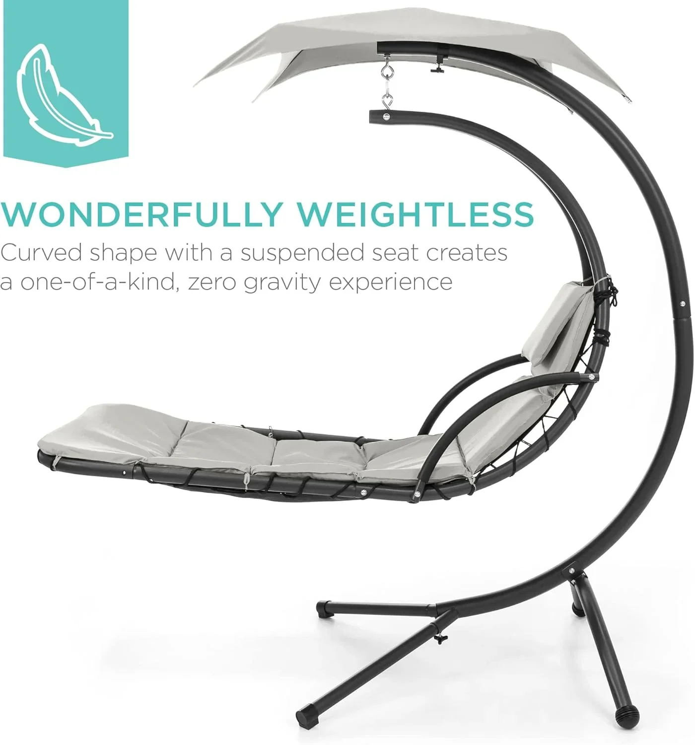 Best Choice Products Outdoor Hanging Curved Steel Chaise Lounge Chair Swing w/Built-in Pillow and Removable Canopy - Charcoal Gray - Image 103