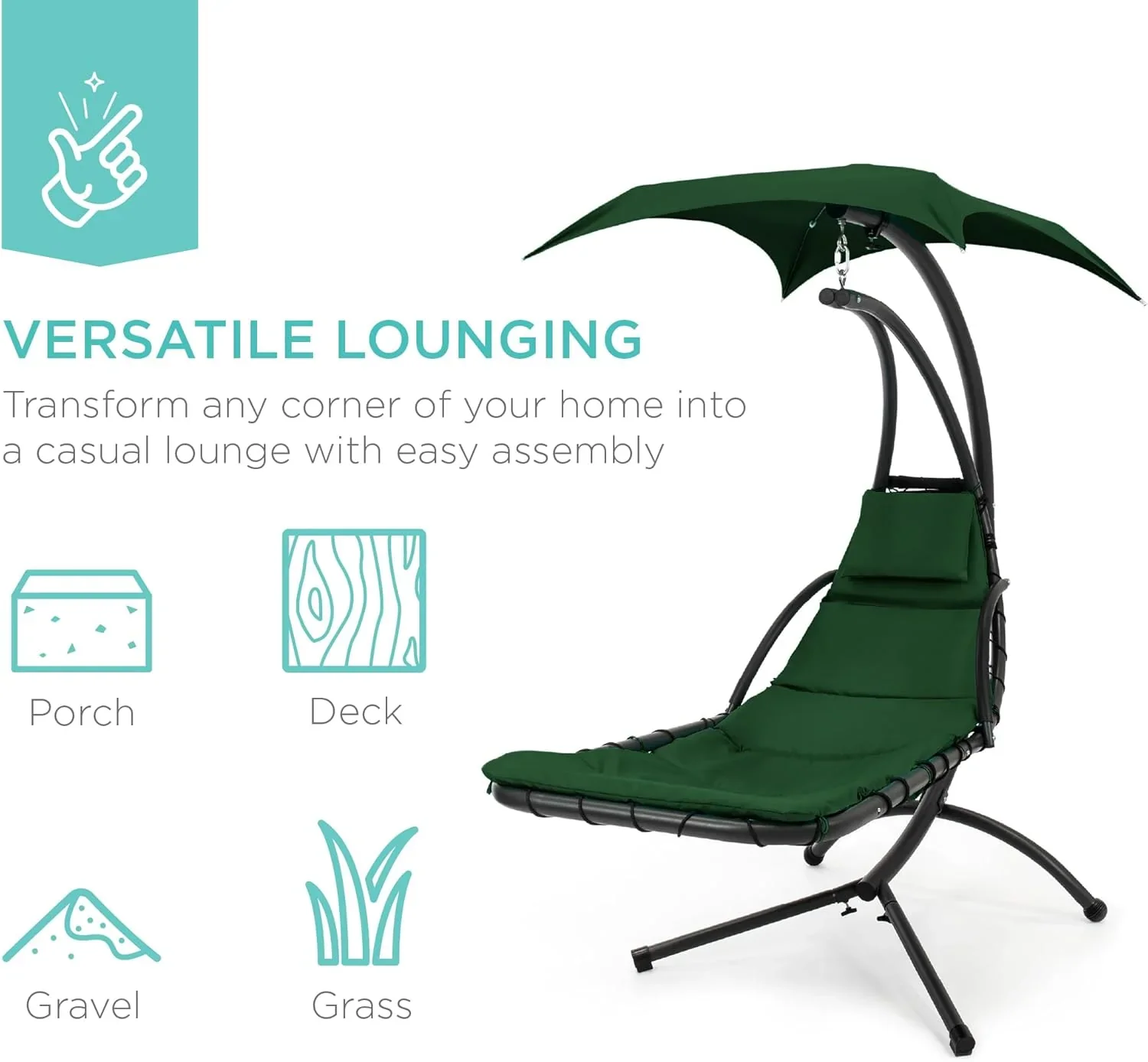 Best Choice Products Outdoor Hanging Curved Steel Chaise Lounge Chair Swing w/Built-in Pillow and Removable Canopy - Charcoal Gray - Image 87