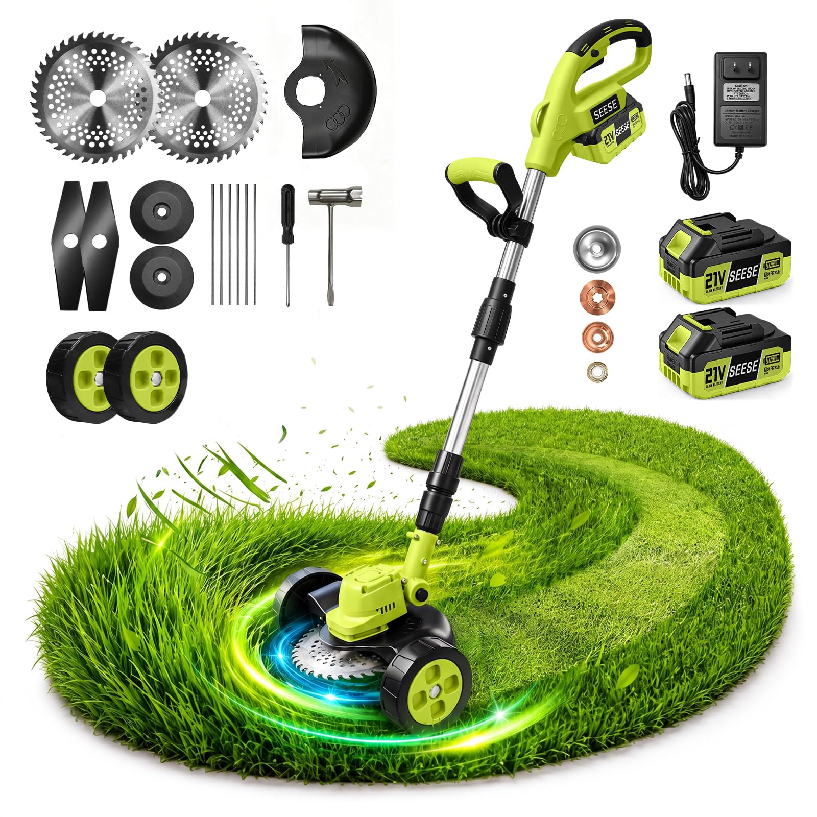 SEESE Cordless Electric Weed Wacker: 3 Different Blades for Lawn Trimming with 2×3.0Ah Batteries, Wheels, and Safety Guard, Lightweight & Ergonomic Design - Suitable for Yard & Garden