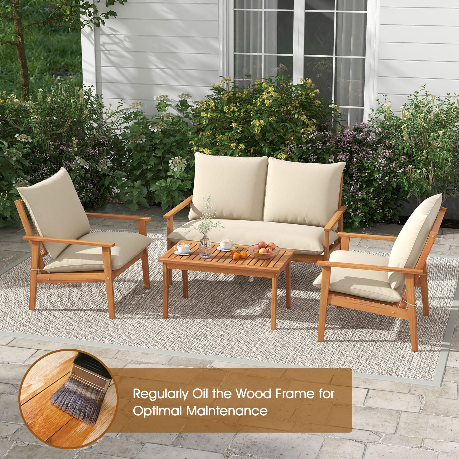 Tangkula 4 Pieces Patio Furniture Set, Outdoor Acacia Wood Conversation Set with Soft Cushions and Coffee Table - Image 9