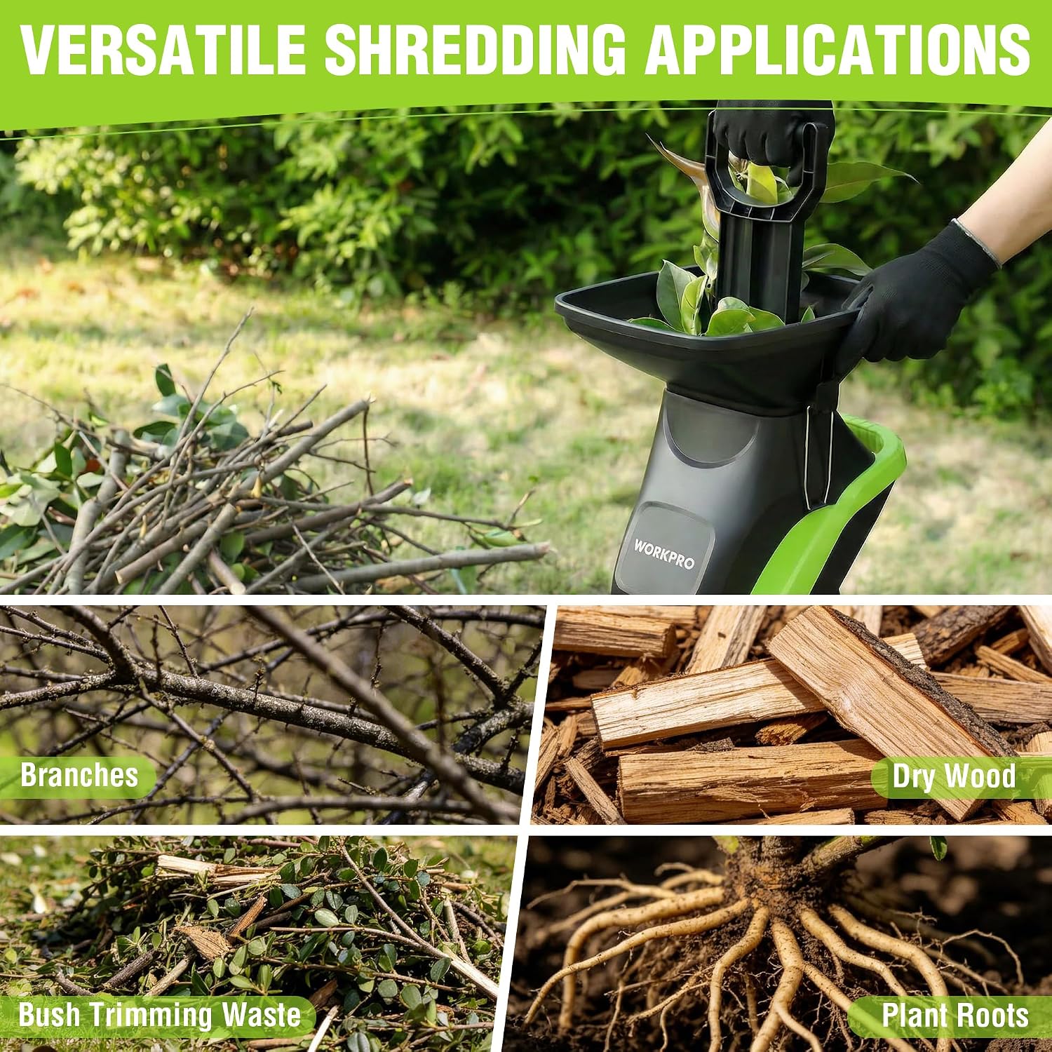 WORKPRO Electric Wood Chipper, 15A 4300RPM Corded Branch Shredder, 1.73" Cutting Capacity, 14:1 Reduction Ratio, SK5 Dual-Blade System, Portable Yard Chipper with Wheels & Collection Bag - Image 8