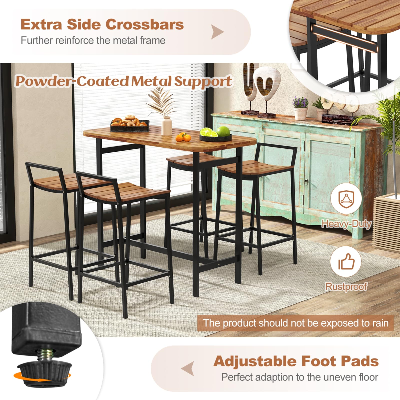 Tangkula 5 Piece Acacia Wood Bar Table Set, Outdoor Bar Height Table & Chairs with Metal Frame & Footrest - Image 7
