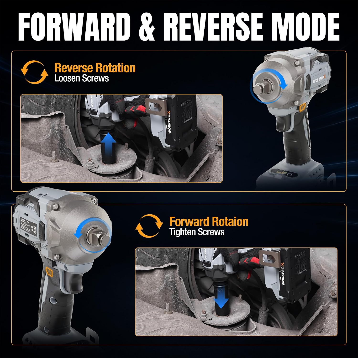 WORKPROX 20V Cordless Impact Wrench Brushless, 440 Ft-Ibs 1/2 Impact Gun | 600N.m High Torque Electric Impact Driver for Car Tire Change, Mower, Pickup & Home Repair, 3 Speeds, LED, 4 Sockets - Image 4