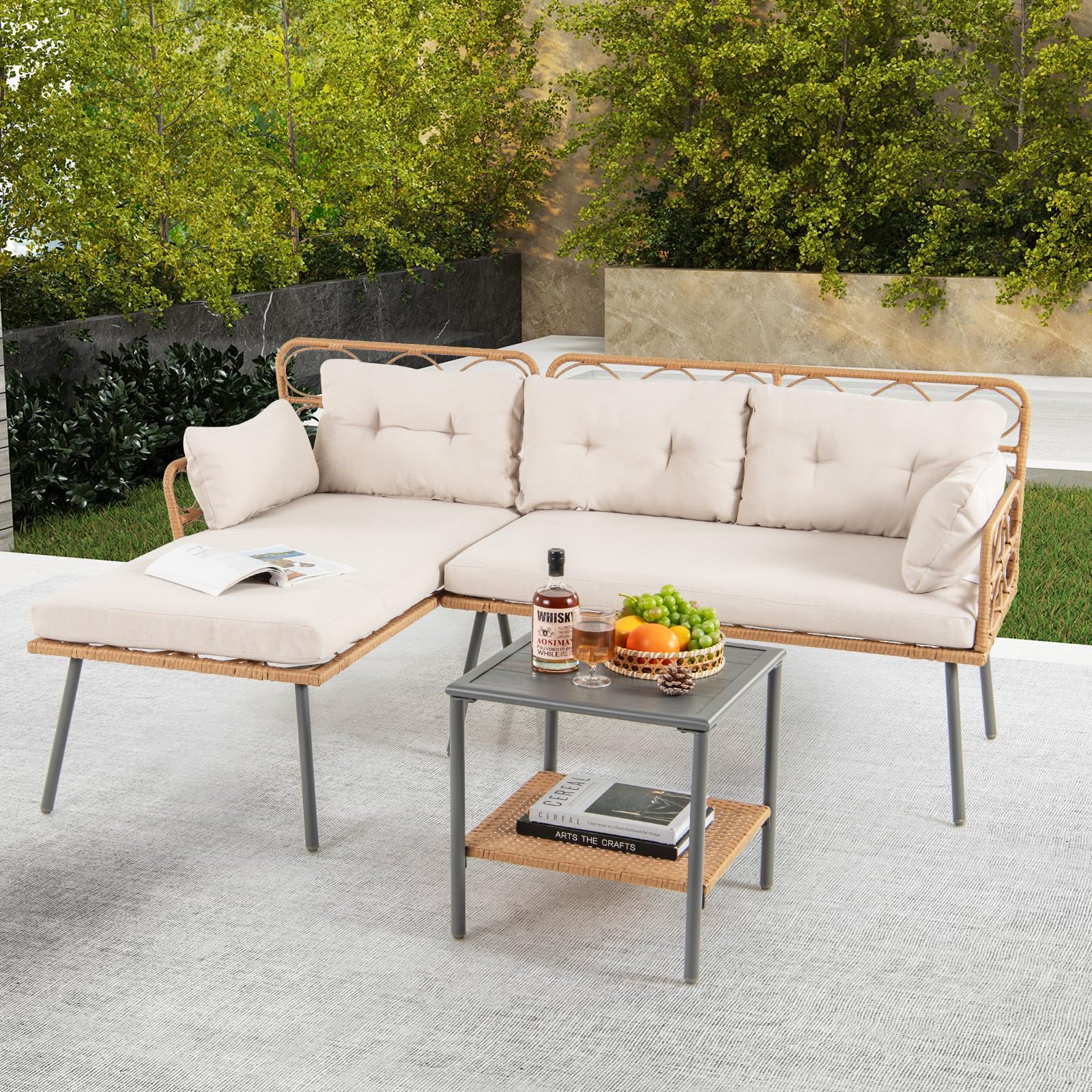 Tangkula 3 Pieces Corner Patio Furniture Set, PE Rattan L-Shaped Cushioned Sofa Set with Small Coffee Table - Image 2