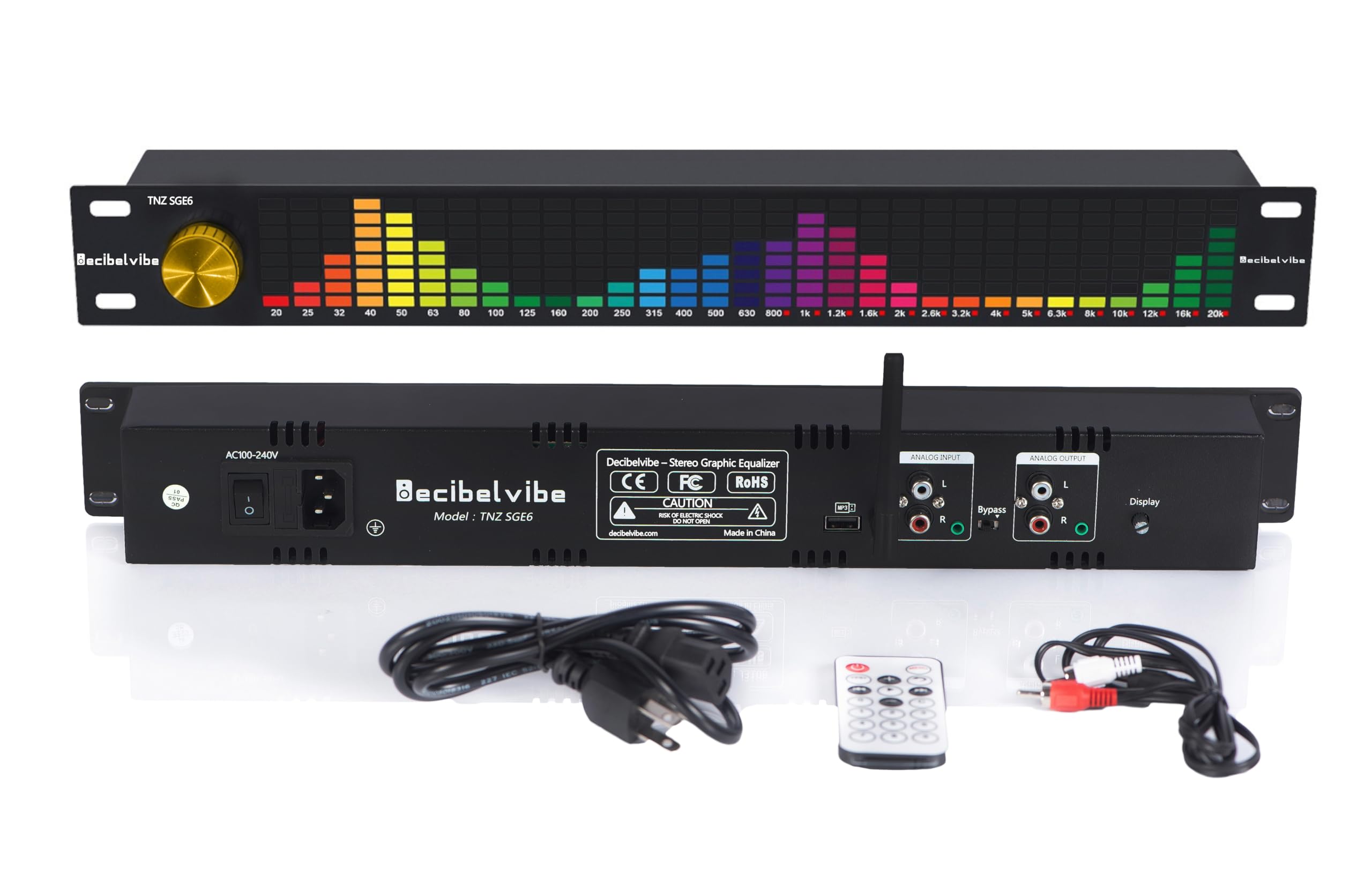 Decibelvibe TNZ SGE6 - Audio Graphic Equalizer with Rear RCA/3.5 Auxiliary Input and Output, Built-in Microphone, USB and Bluetooth Input, Preamp for Home Audio, DJ, HiFi Audio Setup (Gold)