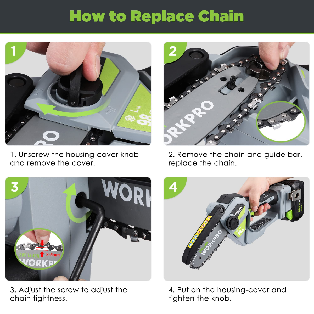 WORKPRO 20V Brushless Cordless Compact Chainsaw with 4.0Ah Battery and Replacement Chain - Image 4