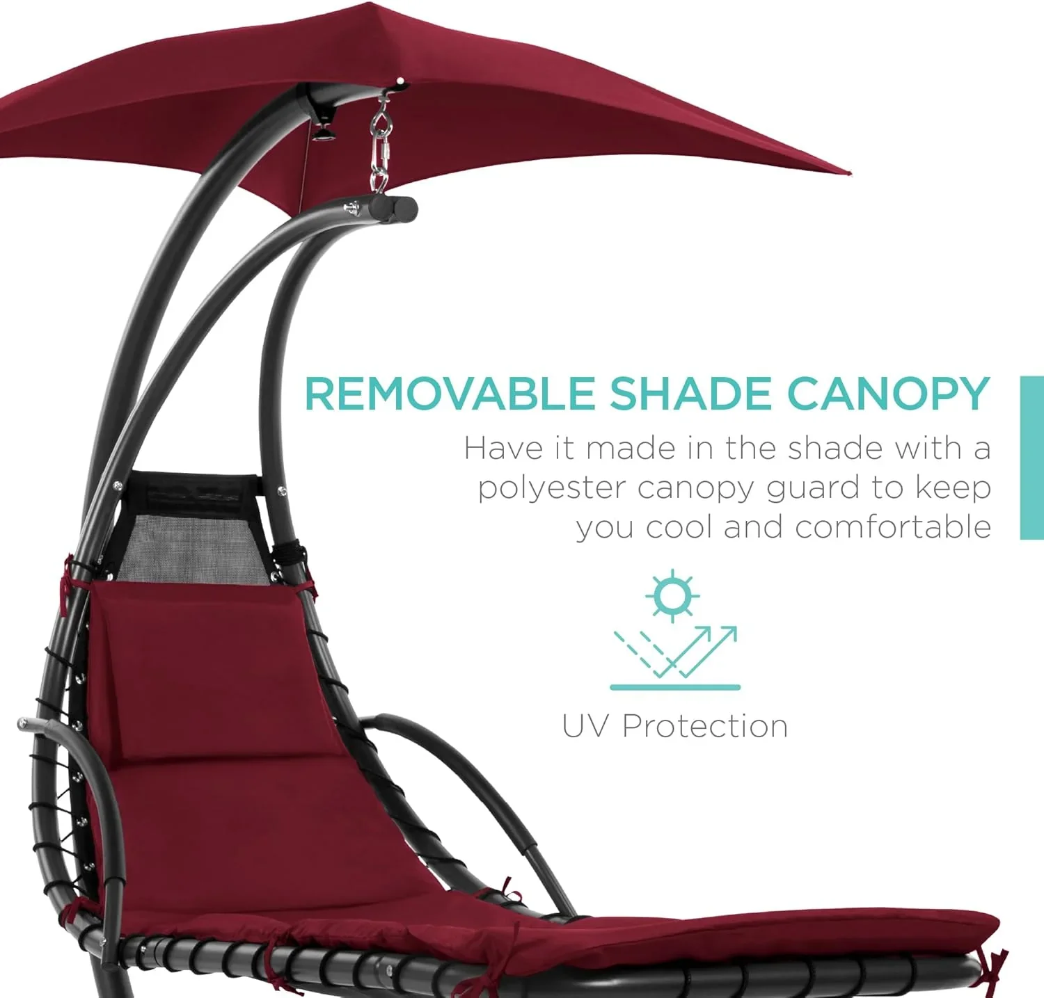 Best Choice Products Outdoor Hanging Curved Steel Chaise Lounge Chair Swing w/Built-in Pillow and Removable Canopy - Charcoal Gray - Image 60