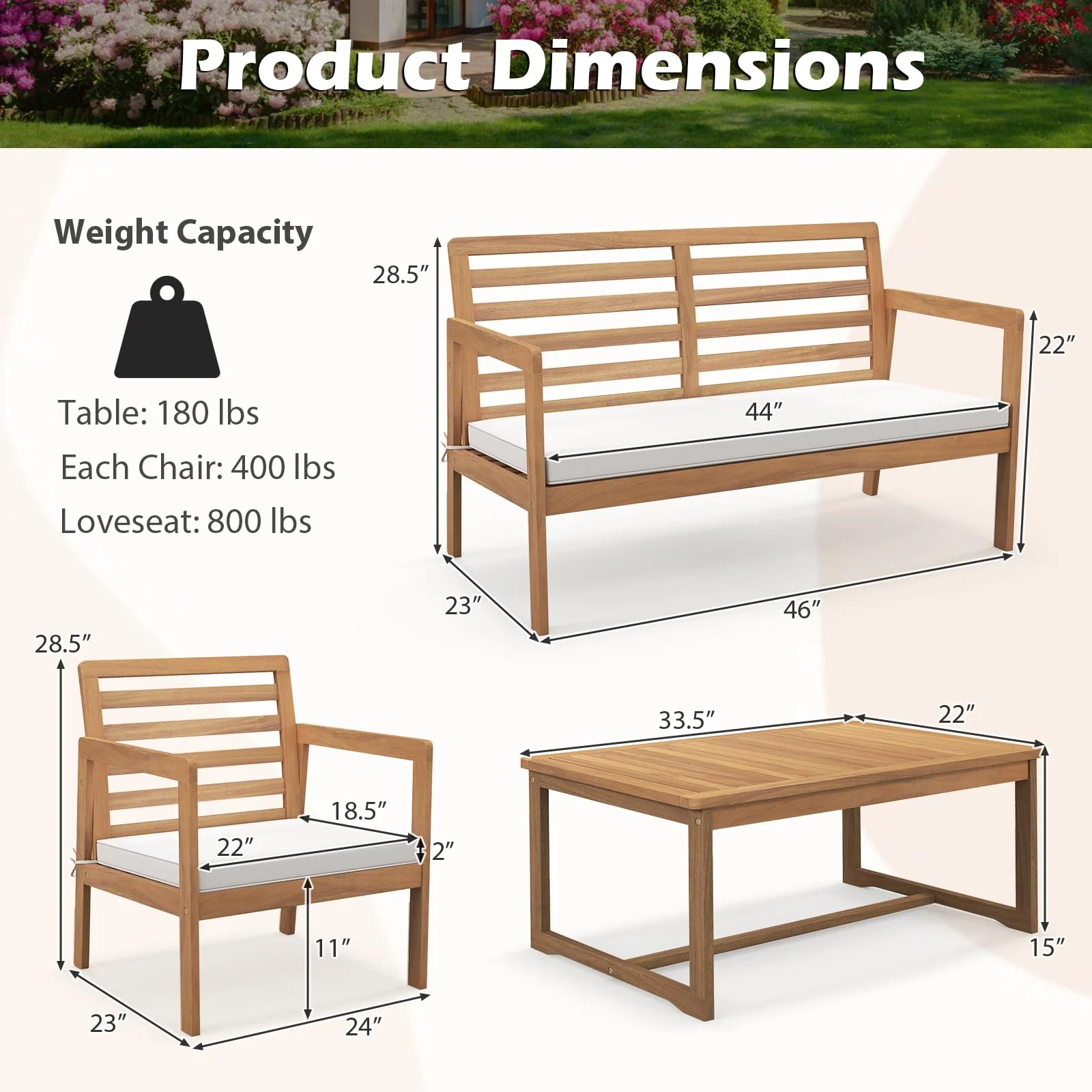 Tangkula 4 Piece Wood Patio Conversation Set, Patio Furniture Set w/Seat Cushions - Image 4