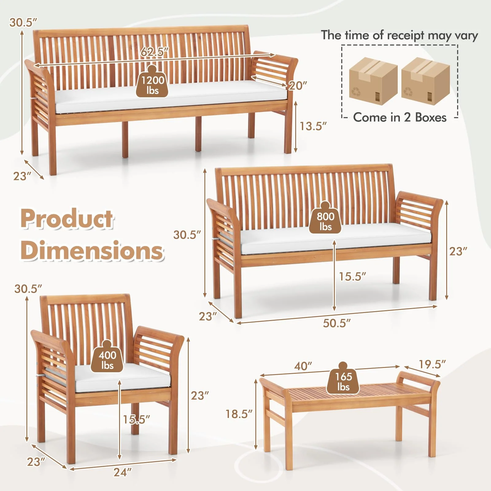 Tangkula 5 Piece Patio Furniture Set, Acacia Wood Conversation Set with 3-Seat Bench, Loveseat - Image 5