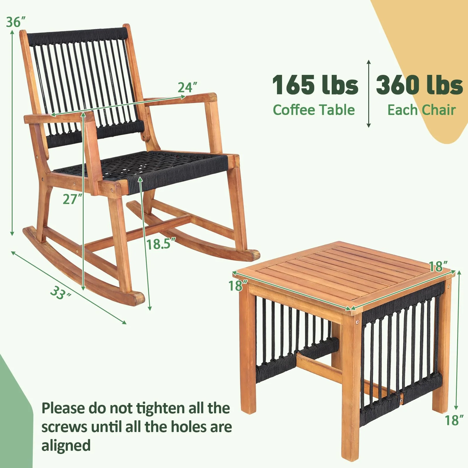 Tangkula 3 Pieces Acacia Wood Rocking Bistro Set, All-Weather Rope Woven Patio Furniture Set with Coffee Table - Image 5