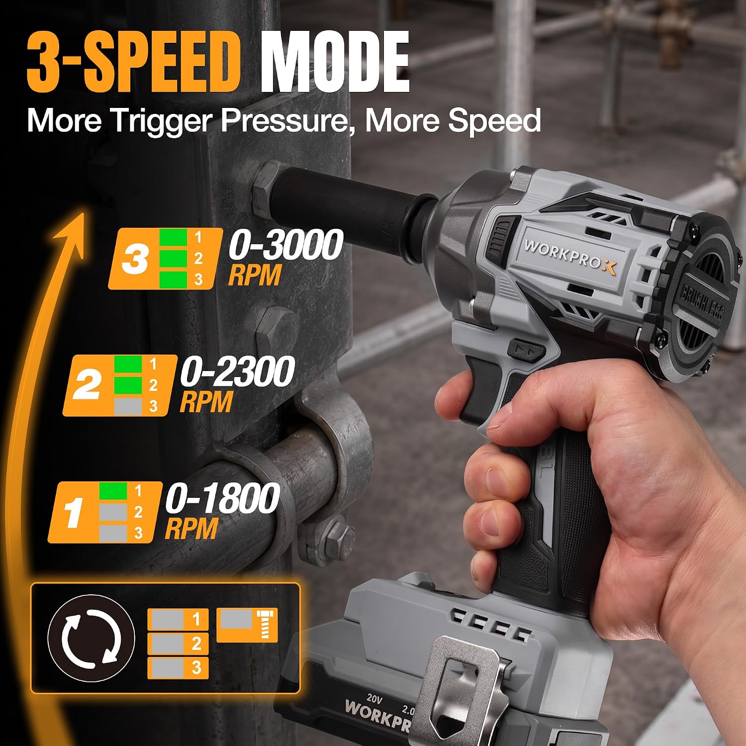 WORKPROX 20V Cordless Impact Wrench Brushless, 440 Ft-Ibs 1/2 Impact Gun | 600N.m High Torque Electric Impact Driver for Car Tire Change, Mower, Pickup & Home Repair, 3 Speeds, LED, 4 Sockets - Image 3