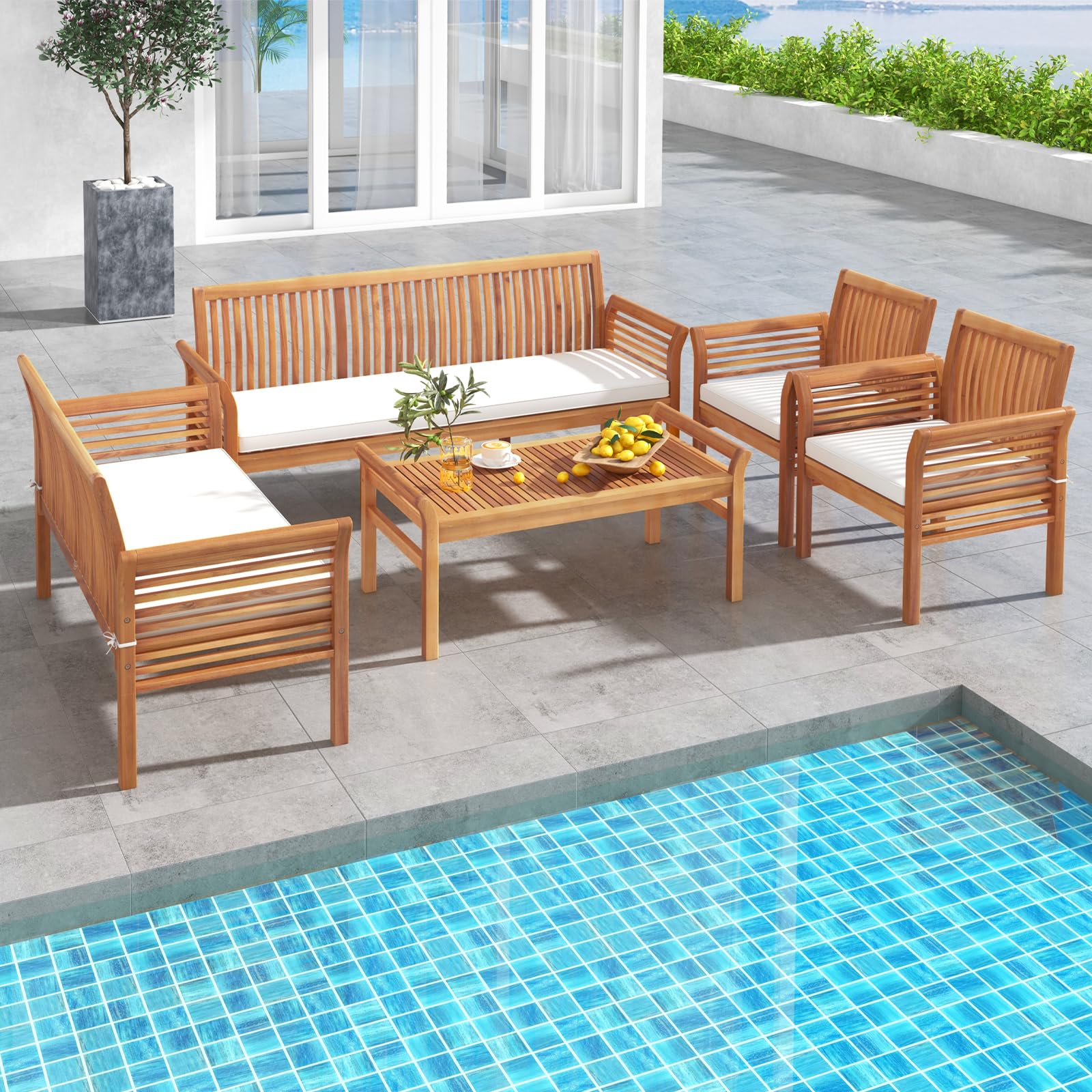 Tangkula 5 Piece Patio Furniture Set, Acacia Wood Conversation Set with 3-Seat Bench, Loveseat - Image 3