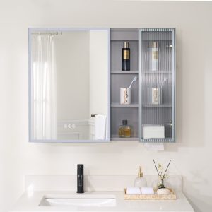 WELLFOR FLORA Solid Wood 36-in x 28-in Lighted LED Surface Mount Gray Mirrored Rectangle Soft Close Medicine Cabinet