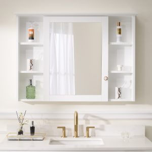 WELLFOR ART Solid Wood Medicine Cabinet 42-in x 30-in Surface Mount White Mirrored Rectangle Soft Close Medicine Cabinet