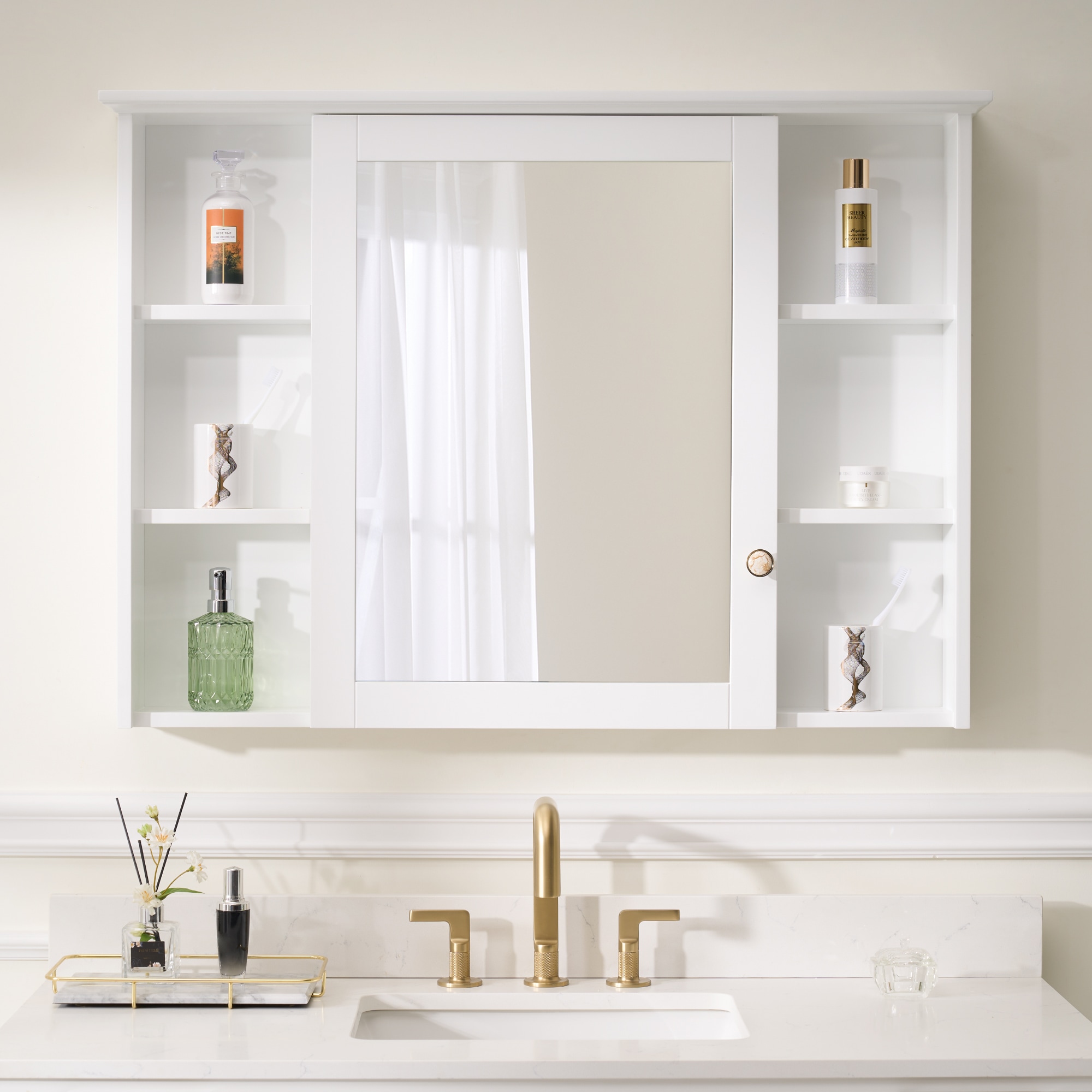 WELLFOR ART Solid Wood Medicine Cabinet 42-in x 30-in Surface Mount White Mirrored Rectangle Soft Close Medicine Cabinet