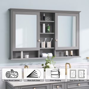 WELLFOR ART Solid Wood Medicine Cabinet 55-in x 35-in Surface Mount Gray Mirrored Rectangle Soft Close Medicine Cabinet