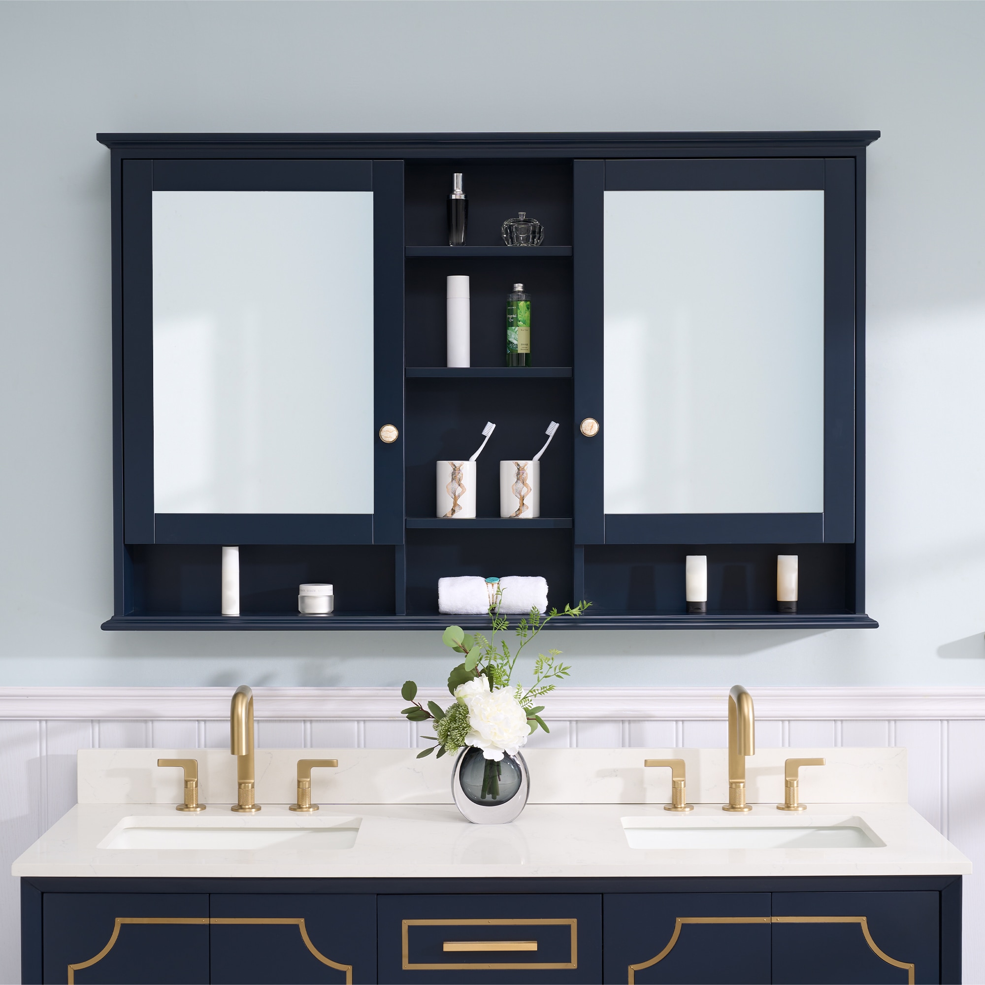 WELLFOR ART Solid Wood Medicine Cabinet 55-in x 35-in Surface Mount Navy Blue Mirrored Rectangle Soft Close Medicine Cabinet