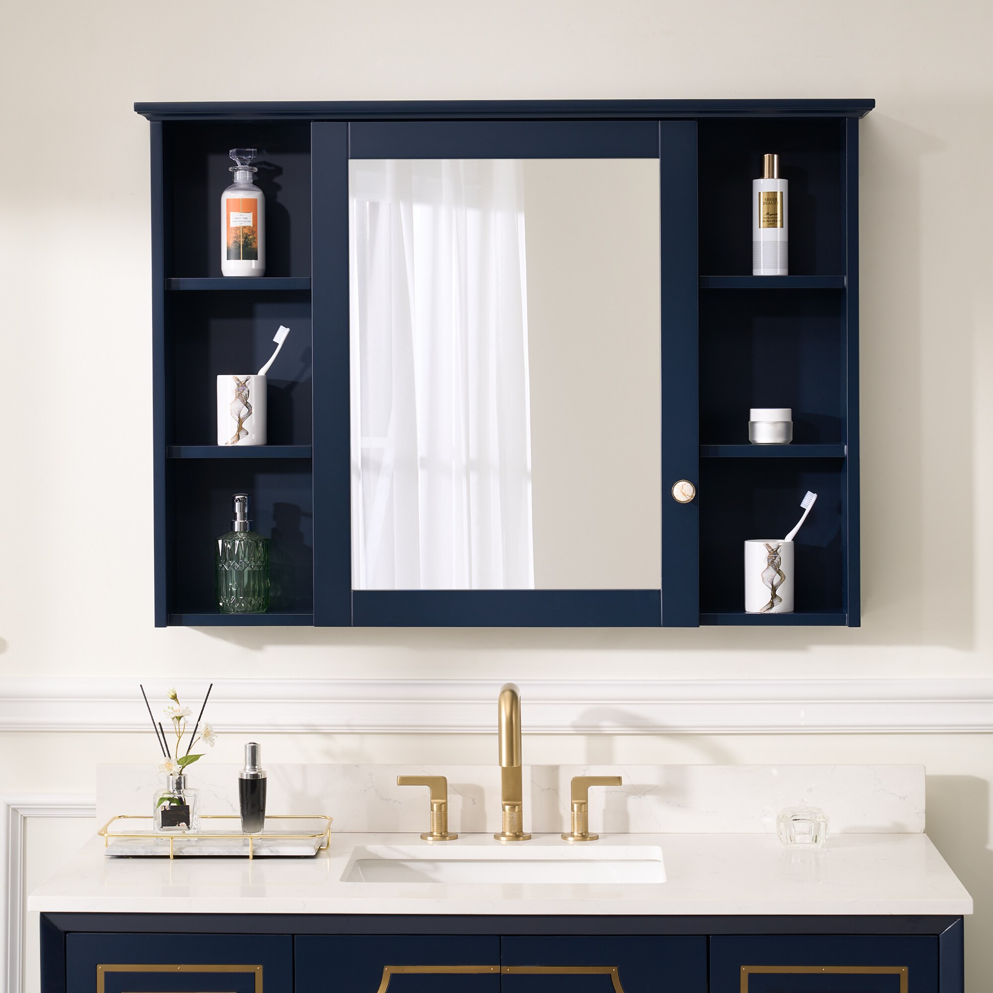 WELLFOR ART Solid Wood Medicine Cabinet 42-in x 30-in Surface Mount Navy Blue Mirrored Rectangle Soft Close Medicine Cabinet
