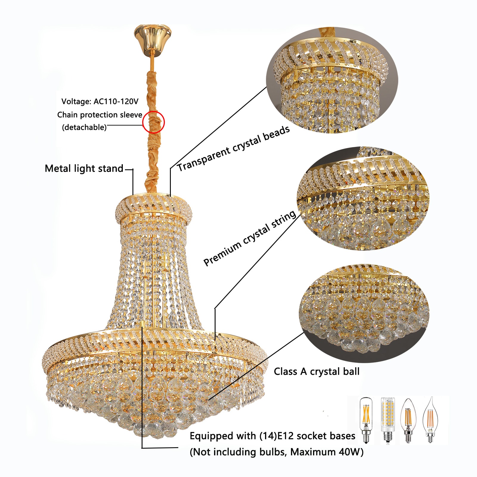 Oukaning 14 -Light Polished Gold Crystal Glass Chandelier - Image 5