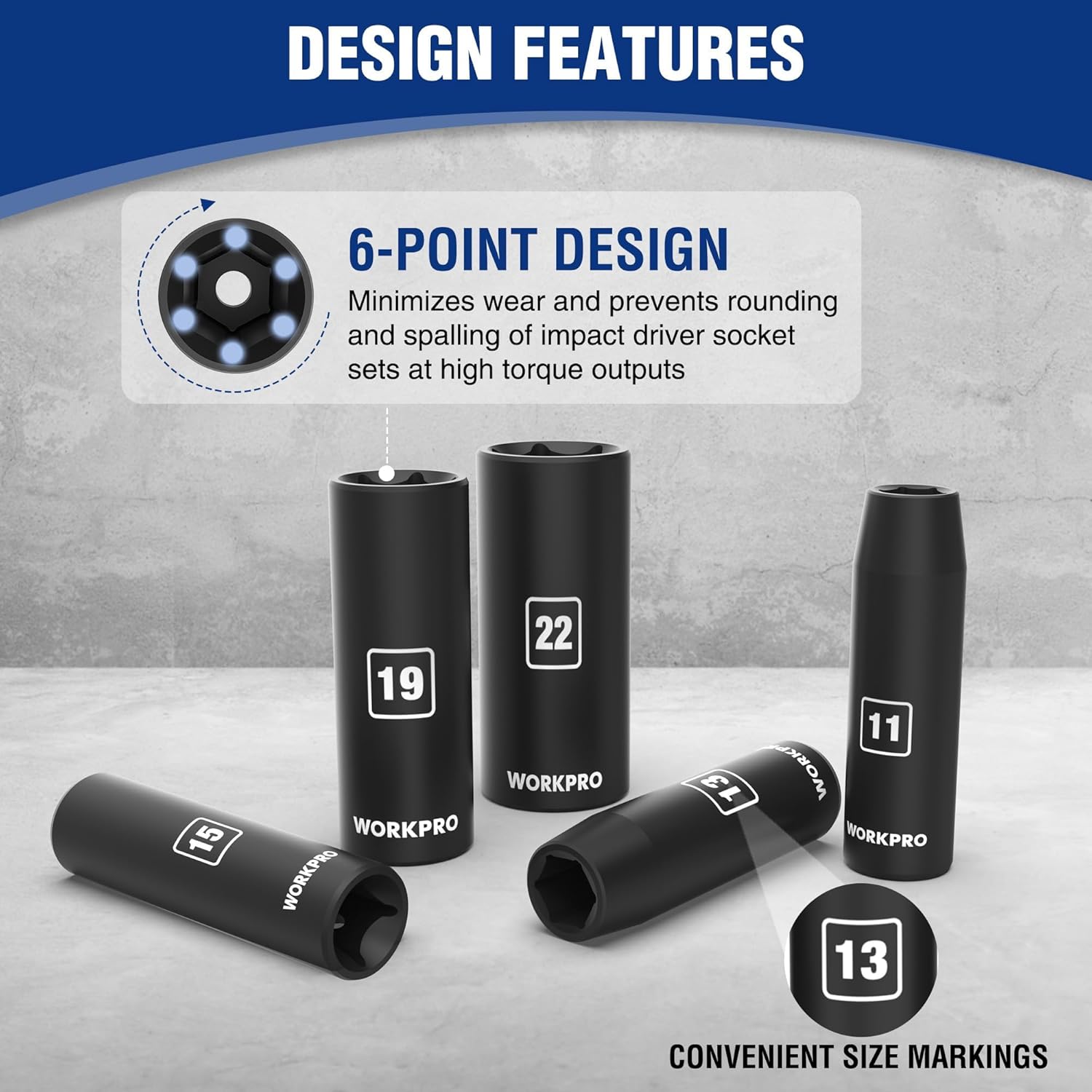 WORKPRO 20-Piece 1/2" Drive Deep Impact Socket Set, 6-Point, Cr-V Steel, 10-27mm, Universal Joint, Adapter and Extension Bar, Metric - Image 3