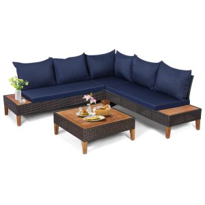 4 Pieces Acacia Wood Patio Conversation Set, Sofa Set with Coffee Table, Corner Sofa & 2 Loveseats